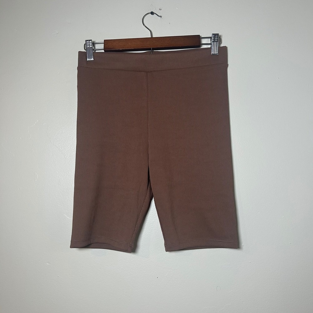 H&M Divided Biker Shorts Women Small Brown‎ Ribbed Knit High Waist Athleisure